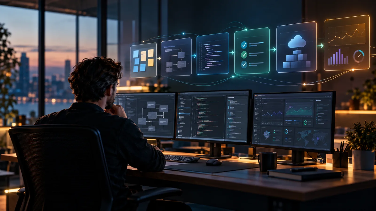 Software engineer directing AI assistance across planning, architecture, coding, testing, deployment, and operations