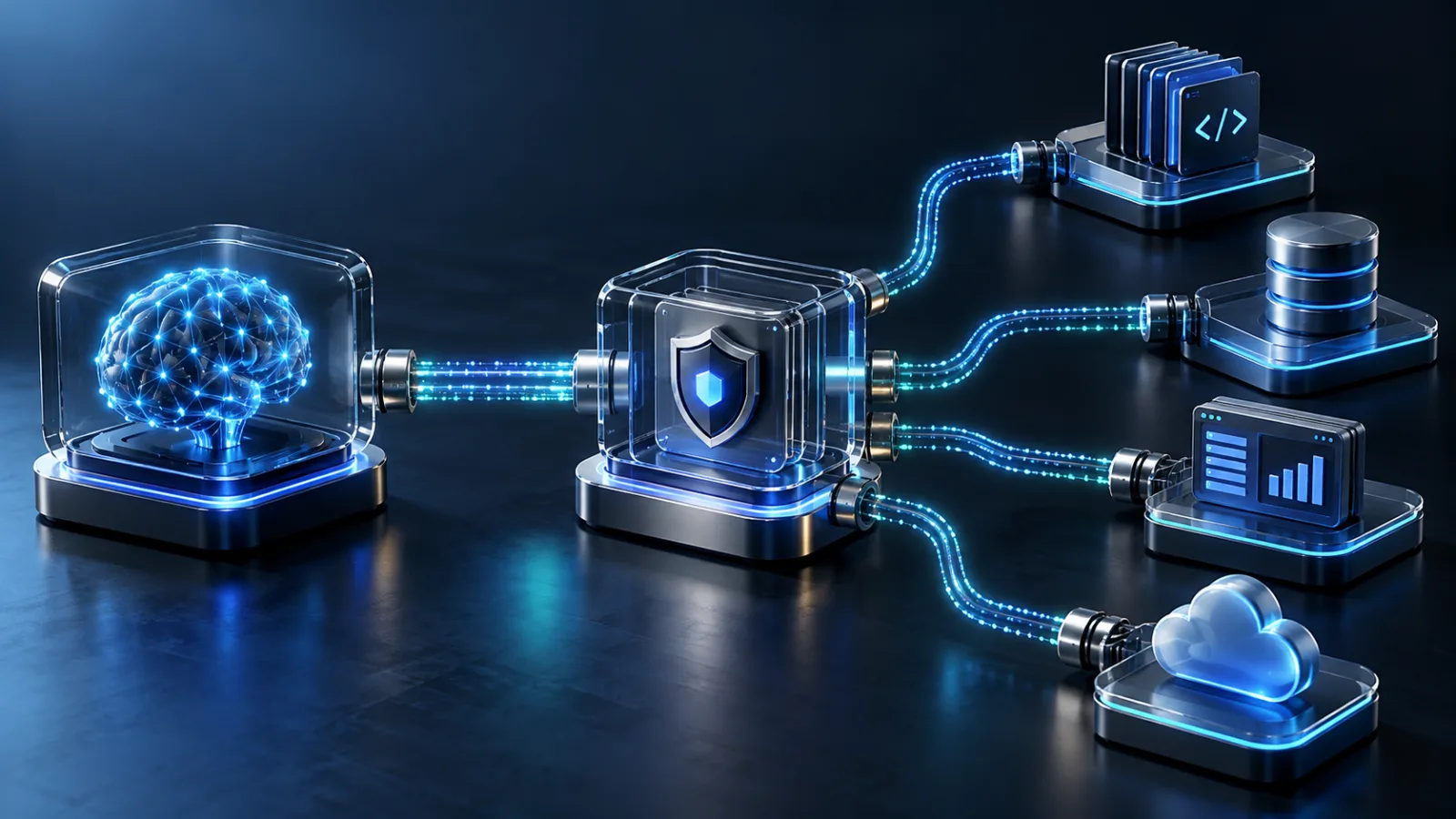 AI application connecting securely to code, data, business systems, and cloud services through a protocol gateway