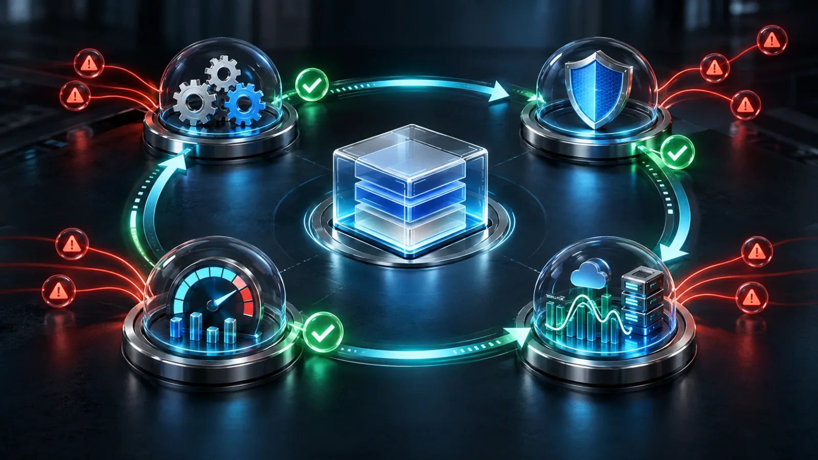 A software release passing through functional, security, performance, and production verification in a continuous feedback loop