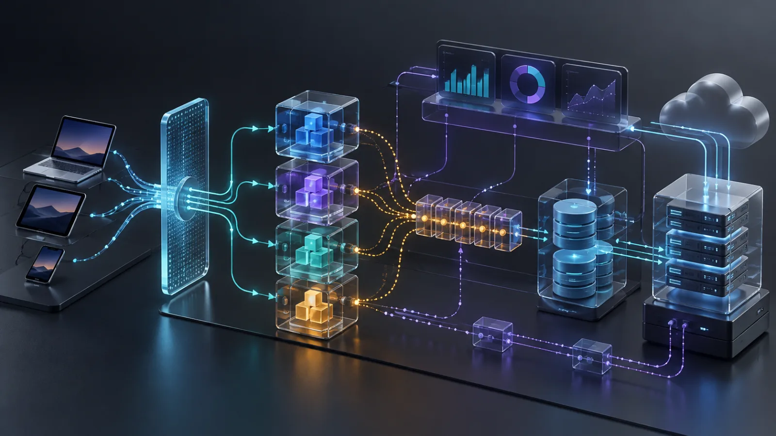 Layered software architecture connecting applications, modular services, data stores, observability, and cloud infrastructure